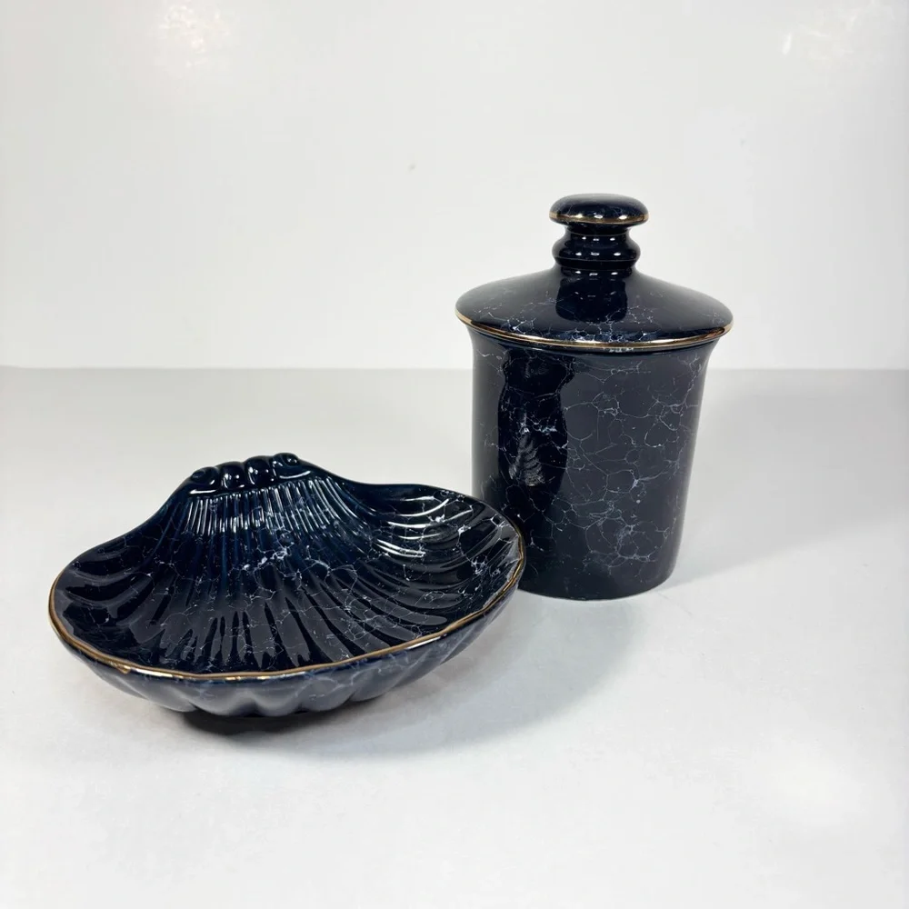Vtg Ceramic Blue Mirabel Gold Accent Sea Clam‎ Soap Dish Lidded Jar Bathroom Set